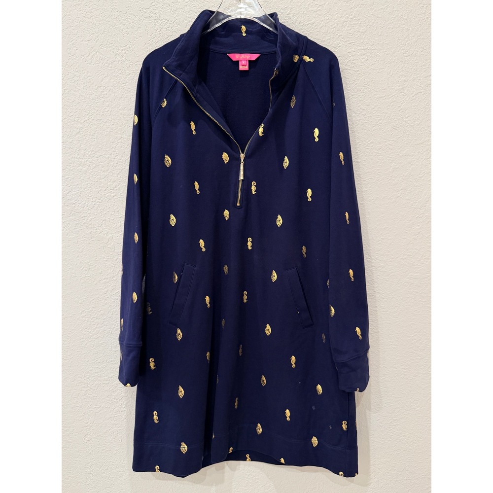 Lilly Pulitzer Skipper Ruffle Shift Dress L UPF 50+ Navy Nautical Coastal Cruise - Picture 2 of 9